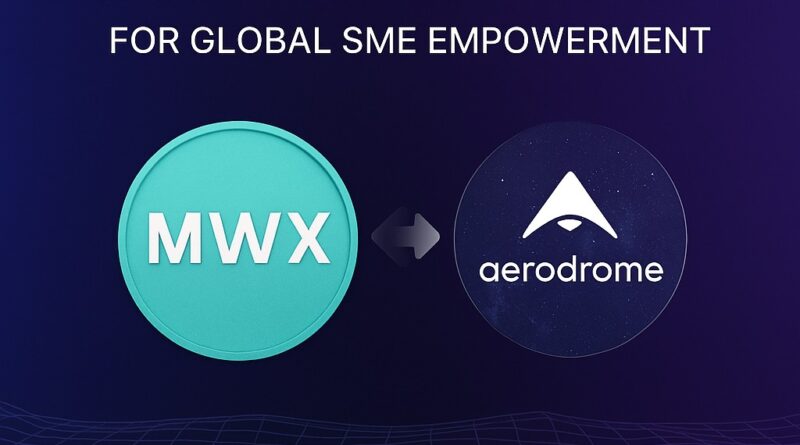 AI Token Marketplace launch banner showing the turquoise MWX token coin linking to the Aerodrome logo over a purple-blue gradient and wireframe landscape
