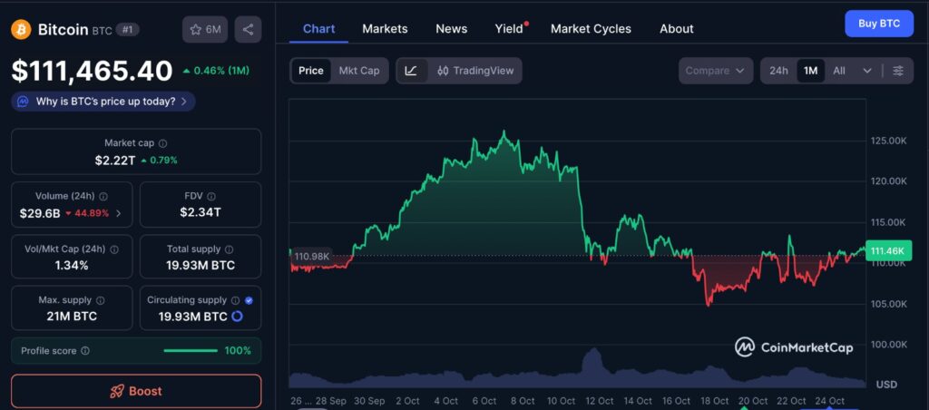 Dormant Bitcoin price chart showing the current BTC value and its price movements over the past month from CoinMarketCap.