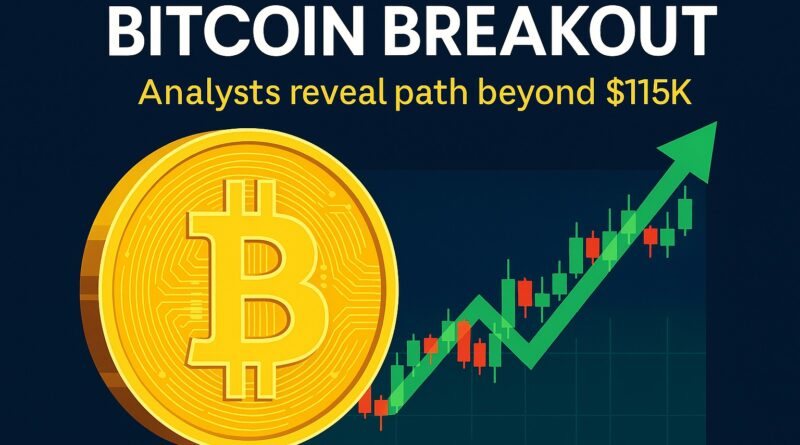 Bitcoin breakout showing a golden Bitcoin coin, candlestick chart, and green upward arrow indicating a potential move beyond $115K.