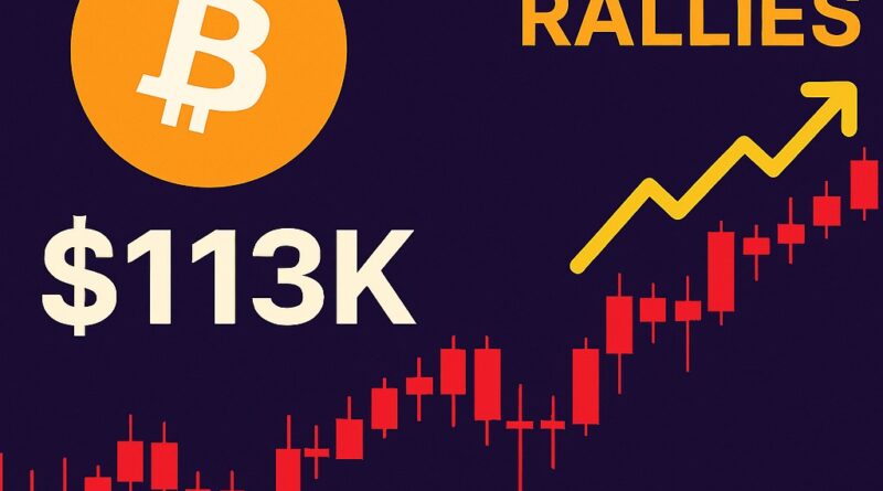 Bitcoin price analysis: Bitcoin logo and $113K price against an S&P 500 candlestick chart showing a rally and volatile retest.
