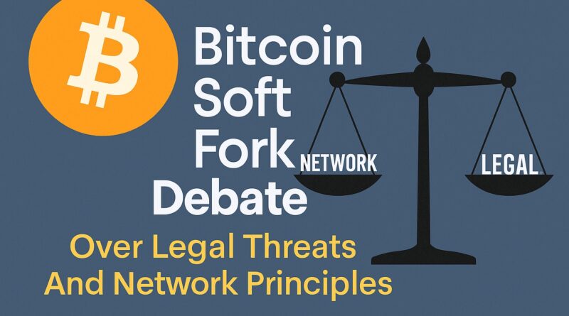 Bitcoin soft fork debate graphic showing a large Bitcoin symbol, balanced scales labeled NETWORK and LEGAL, and headline text about legal threats and network principles