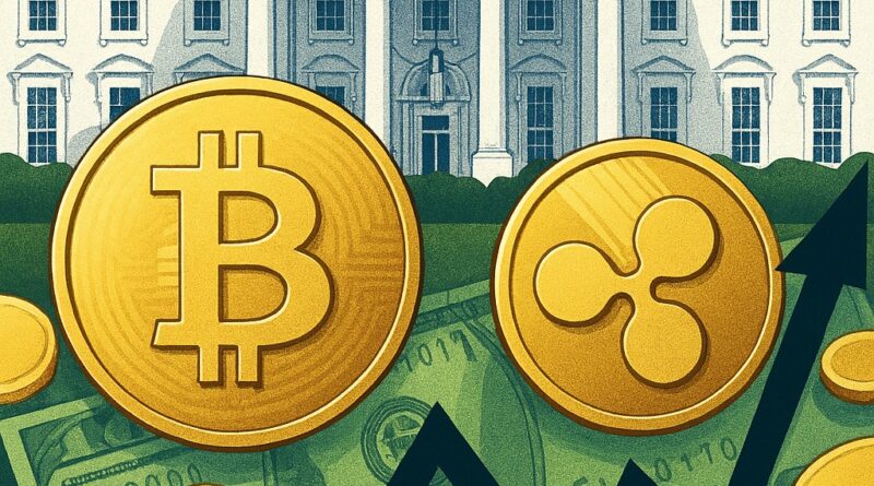 Crypto donors fund White House ballroom visual: White House above, large Bitcoin and Ripple coins below, green dollar bill and upward arrows symbolizing private funding and political influence.