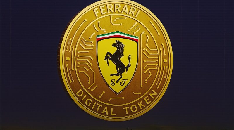 Digital Token: gold Ferrari token beside a red Ferrari 499P on a racetrack, symbolizing exclusive auction access