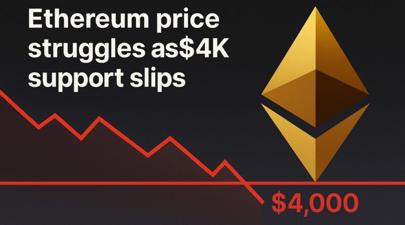 Ethereum price: Golden ETH logo with a falling red price line breaking below $4,000 support on a dark gradient background