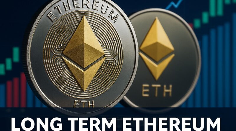 Long Term Ethereum Holders reactivate old ICO wallets — gold Ethereum coins in foreground with on-chain charts and an upward price line in the blue background.