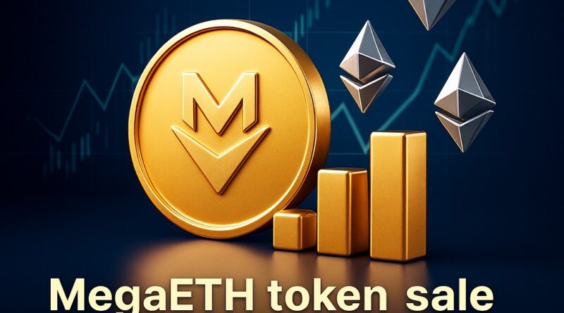 MegaETH token sale: shiny gold MegaETH coin with Ethereum symbols and rising bar graphs against a blue financial chart background, headline showing oversubscribed 8.9x and $450M committed.