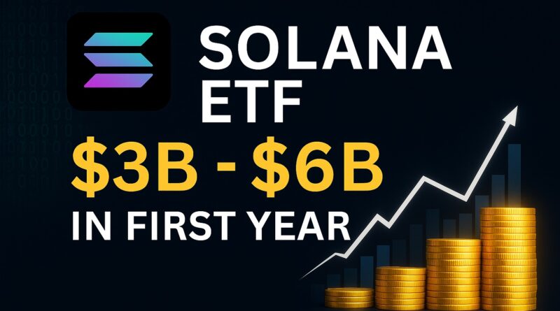 Solana ETF promotional graphic showing the Solana logo, headline SOLANA ETF, projected $3B–$6B inflows, staking yield icon, and an upward-trending coins-and-chart visual.