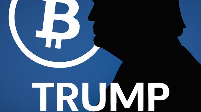 Trump Crypto silhouette of Donald Trump in profile with a large Bitcoin logo and bold TRUMP CRYPTO text on a deep blue gradient background