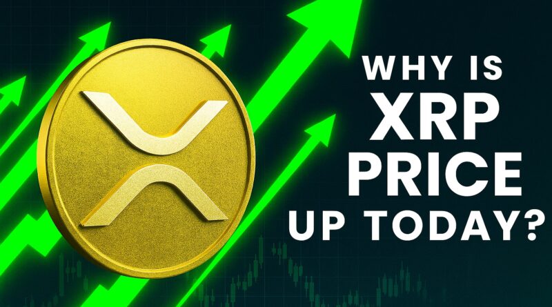 XRP Price surge graphic showing a gold XRP coin with upward green arrows over a dark blue candlestick chart, signaling bullish momentum