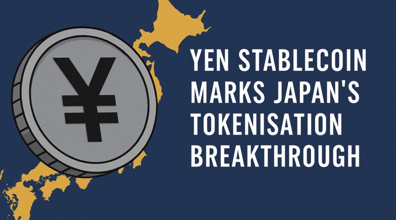 Yen Stablecoin digital illustration showing a large yen coin over a stylized golden map of Japan on a navy background with bold headline text about tokenisation