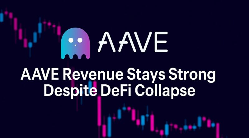 AAVE Revenue - magazine-style featured image with centered headline \"AAVE Revenue: Resilient in DeFi Downturn\", teal and gold accents, upward line chart and stacked coins on the right, shield icon on the left, subtle multi-chain ribbons and faint blockchain grid in the background.