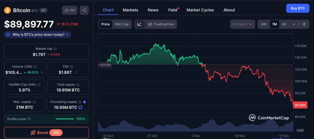 Bitcoin Market one-month BTC price chart showing declining trend and increased volatility.