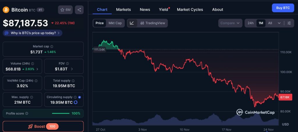 Bitcoin Opportunity shown through a one-month Bitcoin price chart displaying recent volatility and market swings from CoinMarketCap.