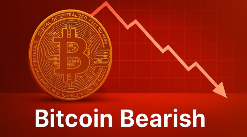 Bitcoin Bearish: centered gold Bitcoin coin with a red downward candlestick chart, a red diagonal trendline, labeled 365‑day MA acting as resistance, support $90k–$92k and resistance $102.6k, moody dark gradient background.
