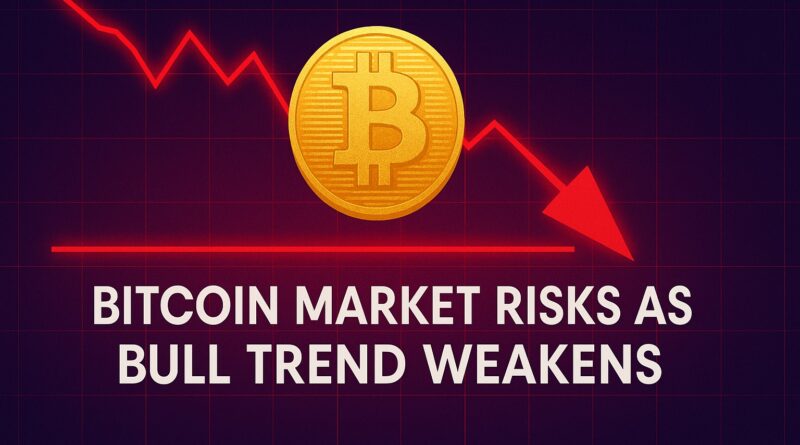 Bitcoin Market gold coin pierced by a red downward arrow over a dark financial grid with labeled 50-week SMA, CME gap, and support levels.
