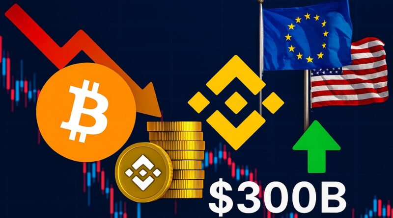 Bitcoin October Performance showing a falling Bitcoin logo with a red downward arrow, a rising BNB logo and stacks of coins, EU and US flags, and a $300B stablecoin marker.