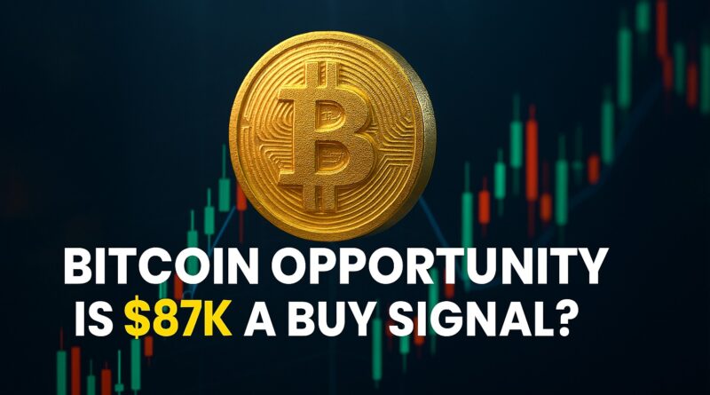 Bitcoin Opportunity: gold Bitcoin coin over a dark chart background showing a sharp dip and green rebound to $87K with Sharpe and Heater indicator widgets.