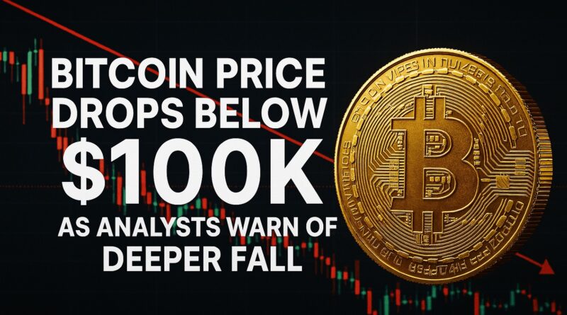 Bitcoin Price drops below $100K with a 3D gold coin and red downward trend line over dark candlestick chart.