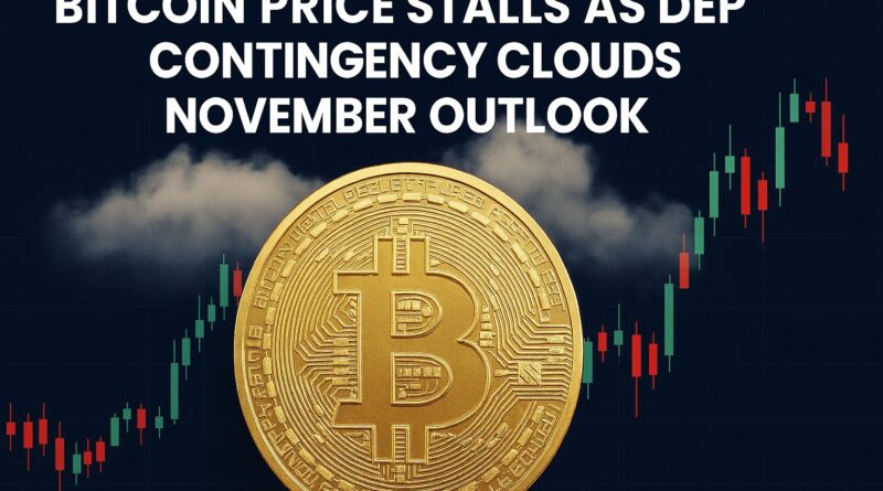 Bitcoin Price: gold Bitcoin coin in foreground with sideways candlestick chart, Federal Reserve building silhouette and cloudy November backdrop