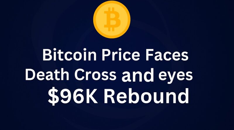 Bitcoin Price shows a large Bitcoin coin over a dark candlestick chart with a highlighted death cross and arrows indicating a potential $90K–$96K rebound.