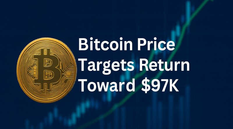 Bitcoin Price: gold Bitcoin coin and rising chart centered, $90K support, $97K–$98K liquidity zone highlighted.