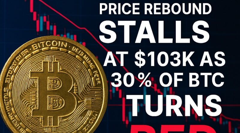Bitcoin Price Rebound - golden Bitcoin coin with red and green candlestick chart background, headline reading "STALLS AT $103K" and note "30% of BTC turns red"