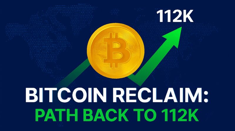 Bitcoin Reclaim - gold Bitcoin coin centered with ascending green arrow and candlestick chart over a deep navy world-map background, headline “Bitcoin Reclaim” and subtitle “Path Back to 112K”.