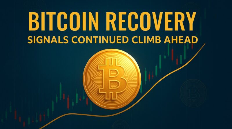 Bitcoin Recovery - golden Bitcoin centered over an ascending green candlestick chart with a highlighted $80,000–$82,000 support band, signaling easing selling pressure and improving liquidity.