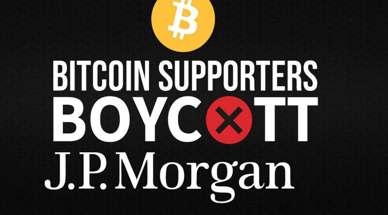 Bitcoin Supporters Boycott: stylized gold Bitcoin left of center, modern bank facade labeled BANK right of center with a red boycott symbol overlapping; protest silhouettes, small labels MSCI and Nasdaq 100, dark navy editorial background, centered headline text