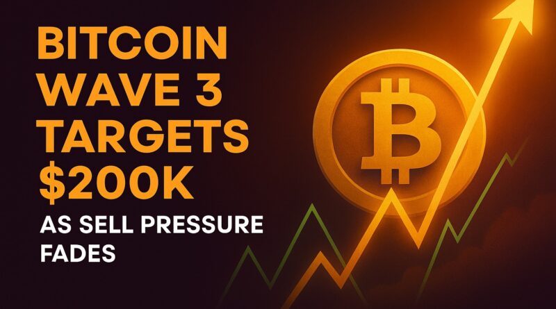 Bitcoin Wave 3 rising golden Bitcoin over an Elliott Wave chart with Wave III highlighted, $105,000 pivot and $200,000 target, blue 40-week SMA, fading red sell arrows, CME gap, dark gradient background.