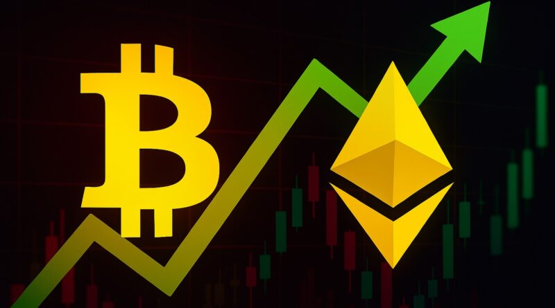 Bitcoin and Ether longs — Yellow Bitcoin and Ethereum logos with a green upward arrow and blurred red and green candlestick charts indicating a whale-driven rebound.