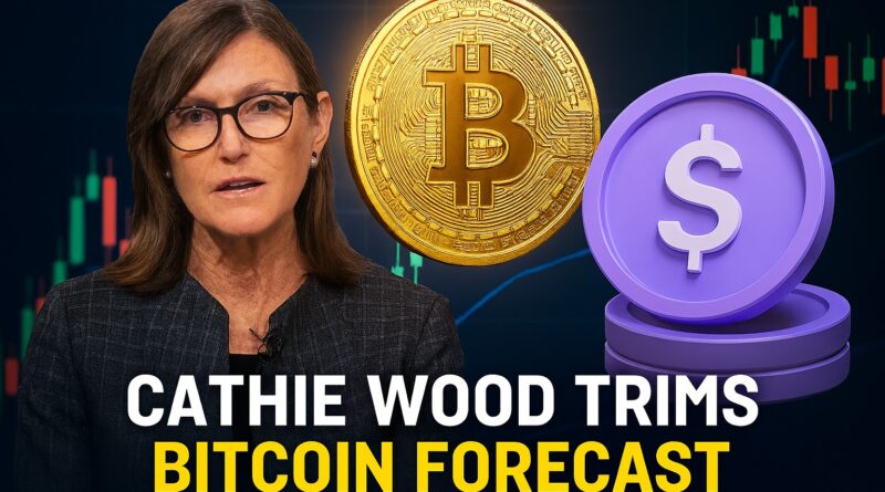 Bitcoin forecast: stylized golden Bitcoin on left, teal stablecoin stack on right, abstract female investor silhouette, world map highlighting emerging markets, arrows indicating market-share shift; editorial vector style.