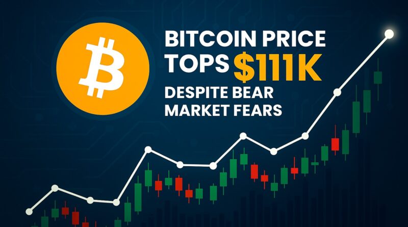 Bitcoin price tops $111K as bullish candlesticks and an ascending line chart rise beside a glowing Bitcoin logo against a dark blue blockchain-patterned background.