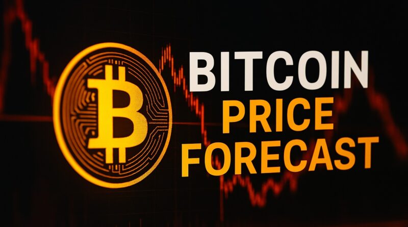 Bitcoin price forecast showing a golden Bitcoin logo against a dark market chart with red and orange downward price lines, signaling weakening momentum and investor fear.