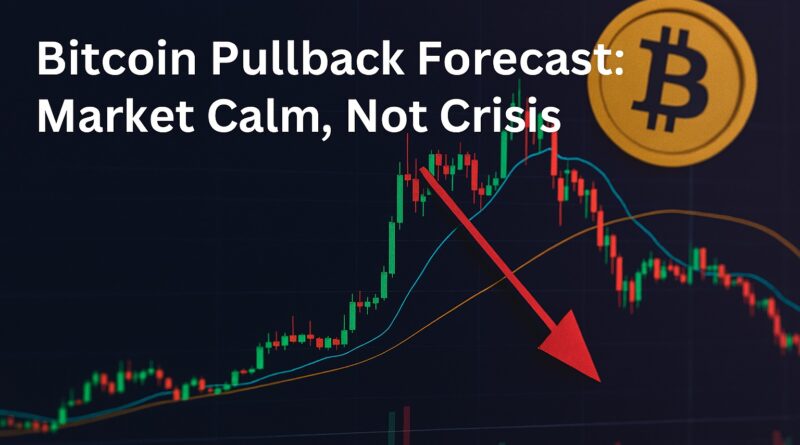 Bitcoin pullback: Golden Bitcoin coin overlaid on a candlestick chart showing a moderate dip with support lines at $100,000 and $112,000 and annotation 'Relative unrealized loss ~3%'.