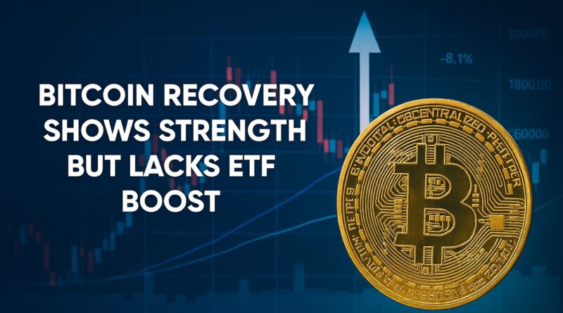 Bitcoin recovery — Golden Bitcoin coin overlaid on a blue financial chart with candlesticks, an upward arrow, and bold headline text signaling network strength without ETF inflows