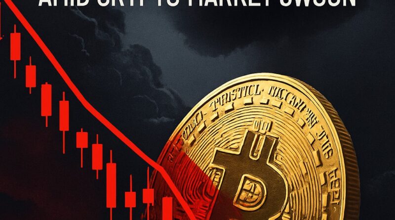 Bitcoin slide: large gold Bitcoin coin tilting forward over a descending red candlestick chart against a dark stormy background.