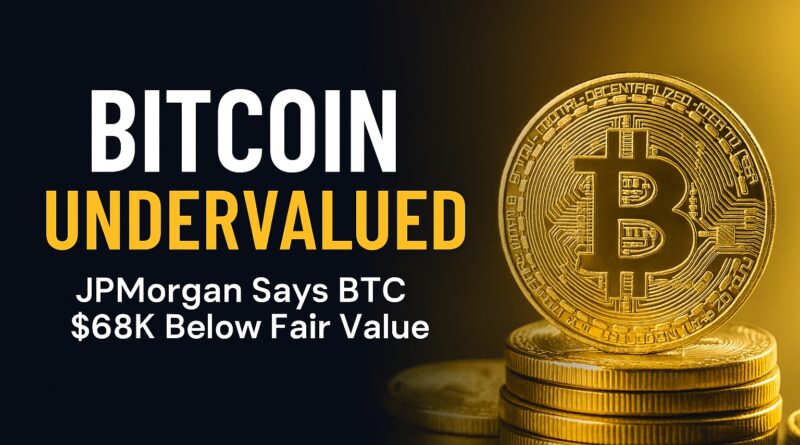 Bitcoin undervalued: split editorial image showing stacked gold bars on the left and a stylized Bitcoin coin on the right, a tilted balance scale favoring gold, faint candlestick charts and a downward line graph in the background, and small data callouts reading "~67% gap" and "$6.2T".