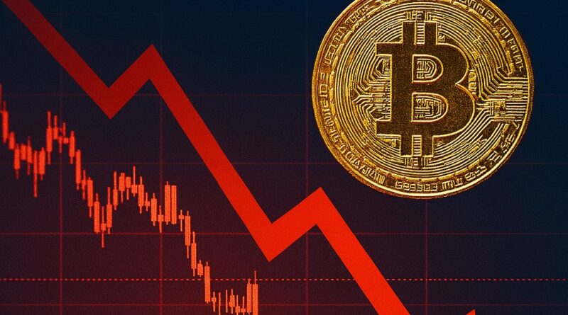 Bitfarms Transition: composite editorial image showing a decommissioned bitcoin mining hall on the left transitioning into a GPU-powered AI data center on the right; dissolving bitcoin coin at the center; red plunging stock arrow and falling price numbers; subtle Washington site label.