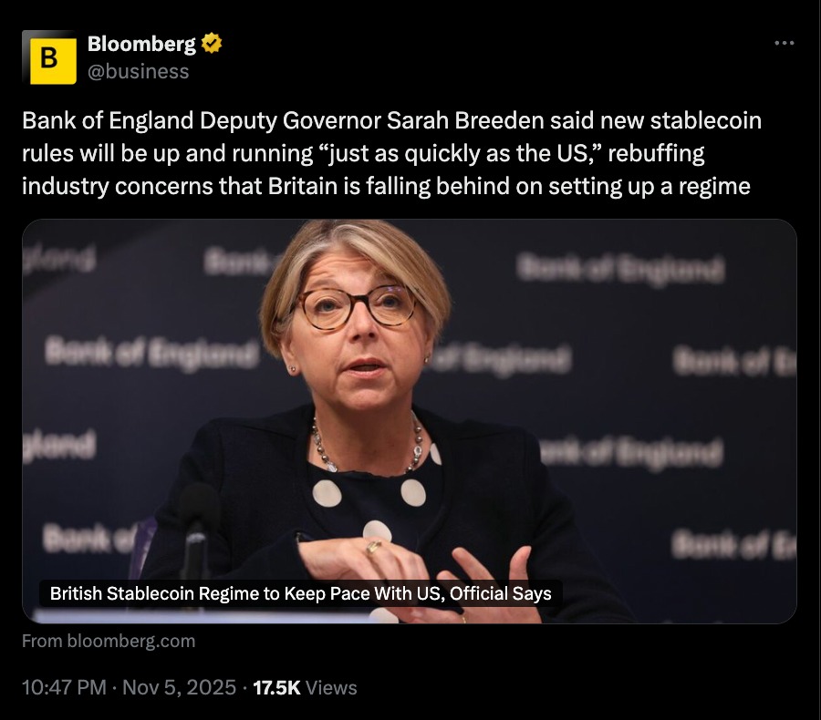 Bank of England Deputy Governor Sarah Breeden speaking about Stablecoin Regulation, emphasizing that the UK will move just as quickly as the US on new stablecoin rules.