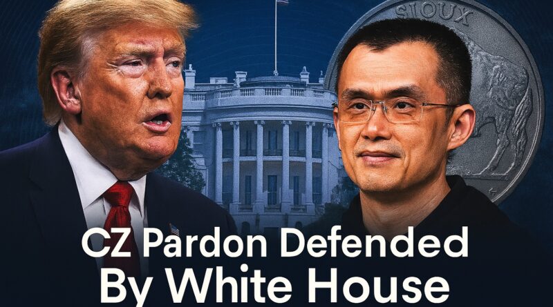 CZ Pardon - Donald Trump and Binance founder Changpeng Zhao pictured beside the White House with a symbolic silver coin, headline: CZ Pardon Defended By White House