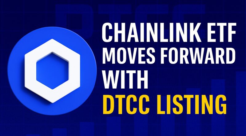 Chainlink ETF: Bitwise spot LINK ETF shown as a stylized blue hexagonal token on a reflective network grid with glowing circuit traces, CLNK ticker strip, and a DTCC registry badge.