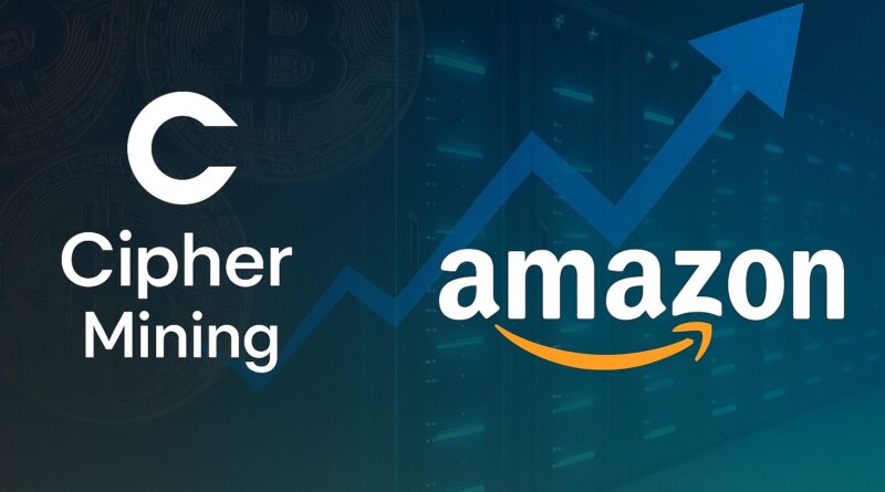 Cipher Mining and Amazon AWS partnership visual showing server racks, Bitcoin coins, and an upward blue arrow representing AI hosting growth