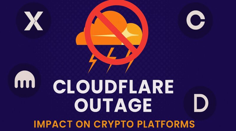 Cloudflare outage causes access failures: centered orange cloud with prohibition symbol, glitch effects, network lines to generic crypto coins and social app windows, and headline “Cloudflare outage disrupts crypto & social media”.