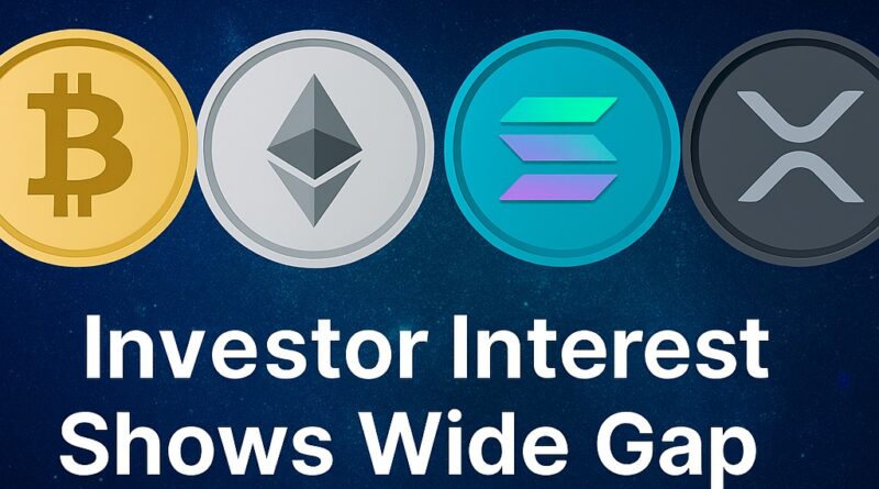 Crypto Assets - stylized 3D coins for BTC and ETH on a raised pedestal, a tentative SOL coin with a question mark on a lower pedestal, and a distant XRP coin separated by a wide gap; dark navy-to-purple gradient background with network nodes, candlestick overlay, and an ETF badge near XRP.