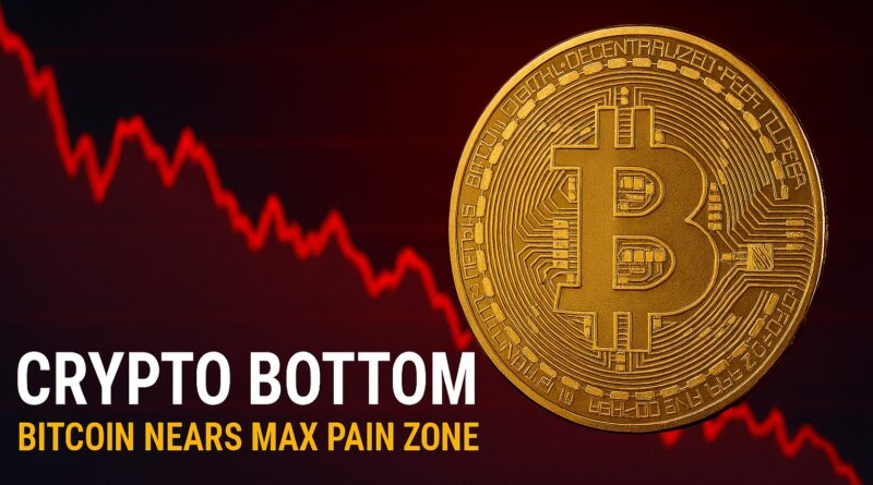 Crypto Bottom - centered headline with Bitcoin icon and descending red chart into a highlighted Max Pain Zone $84k–$73k, stablecoins $72B and corporate treasury indicators.