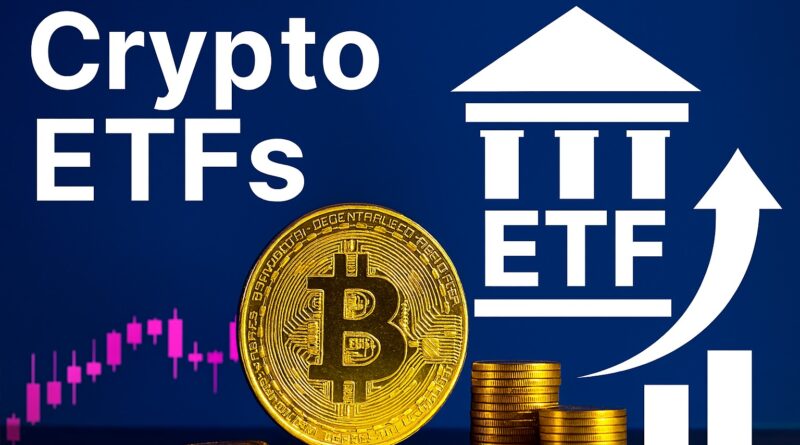 Crypto ETFs illustrated by a gold Bitcoin and ETF building icon with upward arrow, candlestick chart, stacks of coins, and silhouettes of diverse investors symbolizing rising investor interest