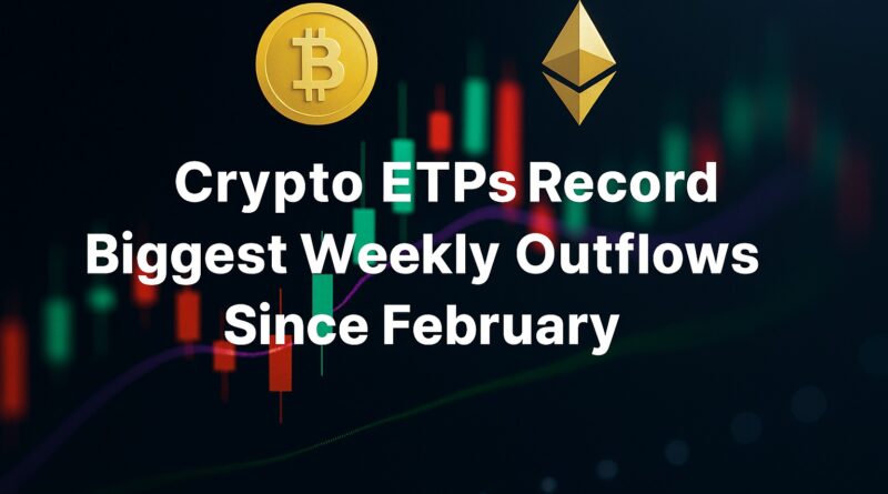 Crypto ETPs: bold headline centered on a deep navy background with a red downward arrow, declining line chart, stylized gold coin icons for Bitcoin and Ethereum, and a faint world map with the United States highlighted.