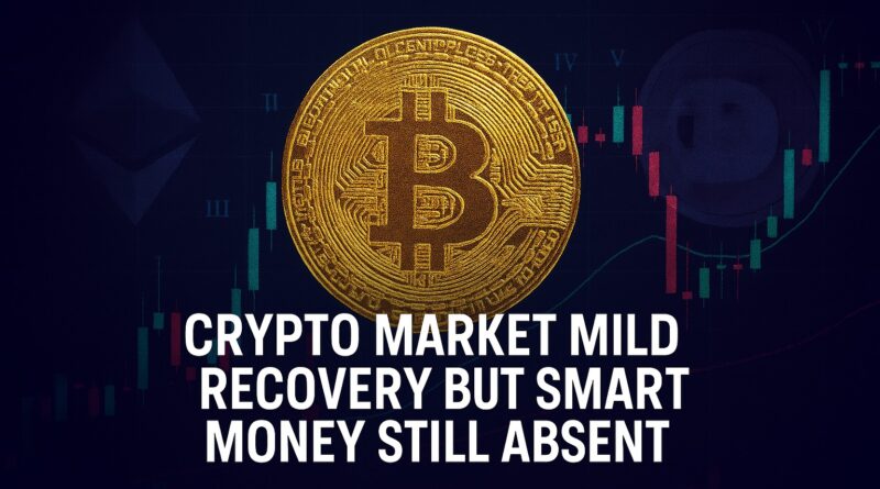 Crypto Market hero image showing a centered headline over a dark gradient with Bitcoin and Ethereum icons, whale silhouette, exchange outflow arrow, and a small Fear & Greed gauge indicating 12.