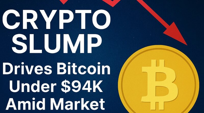 Crypto Slump - stylized 3D coins for BTC and ETH on a raised pedestal, a tentative SOL coin with a question mark on a lower pedestal, and a distant XRP coin separated by a wide gap; dark navy-to-purple gradient background with network nodes, candlestick overlay, and an ETF badge near XRP.